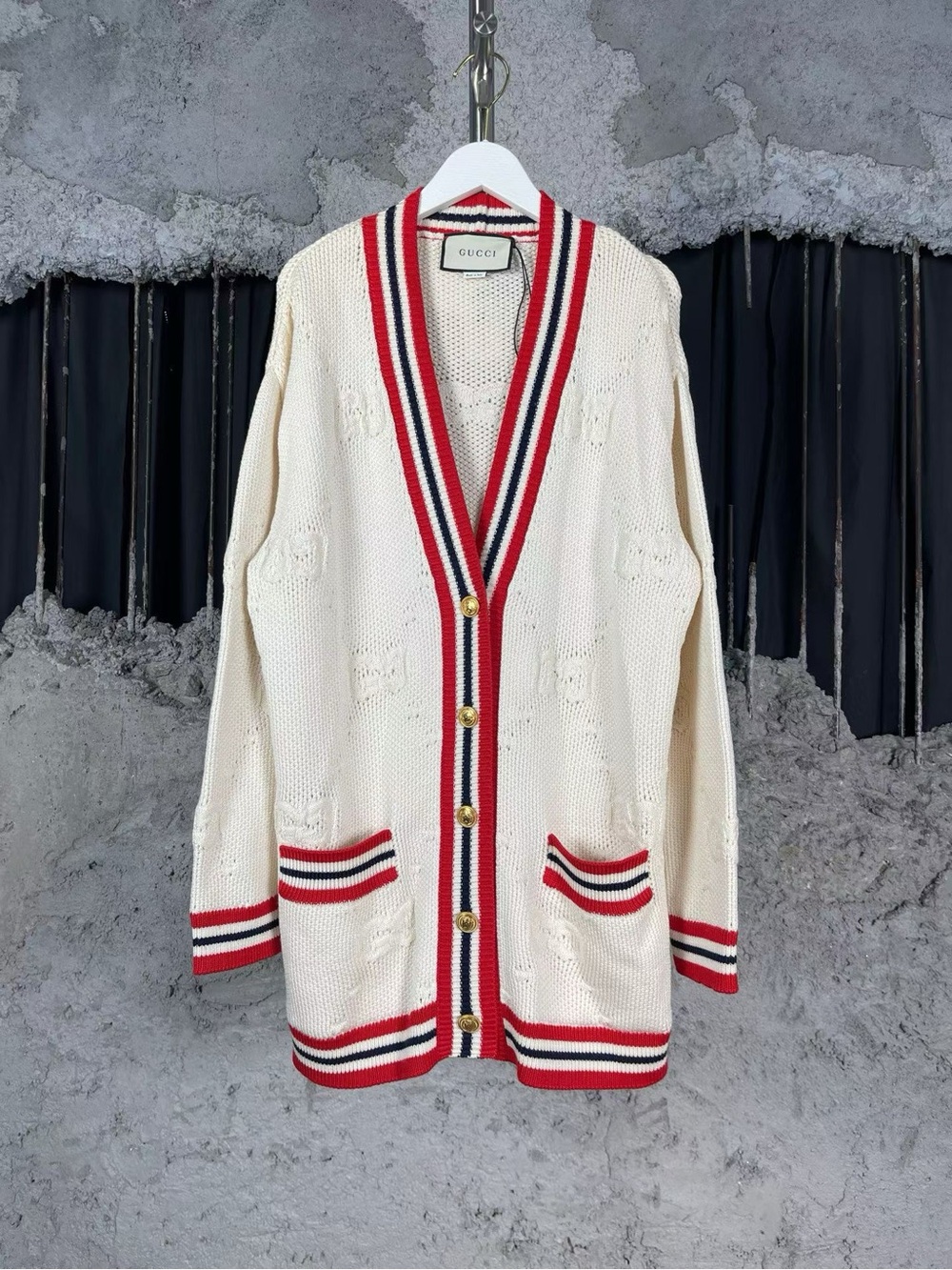 ❌hold❌Gucci Cream Knit Cardigan with Red, Navy & White Trim